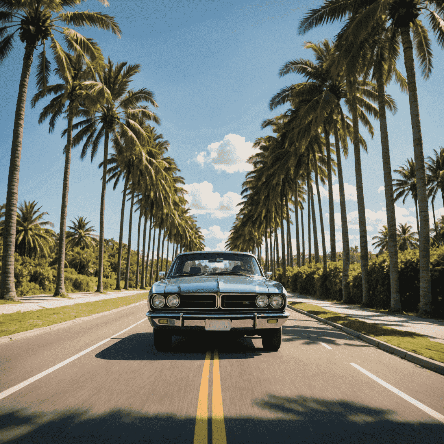 Een auto rijdt op een zonnige weg met palmbomen aan de zijkant, wat de zomerse rijomstandigheden illustreert