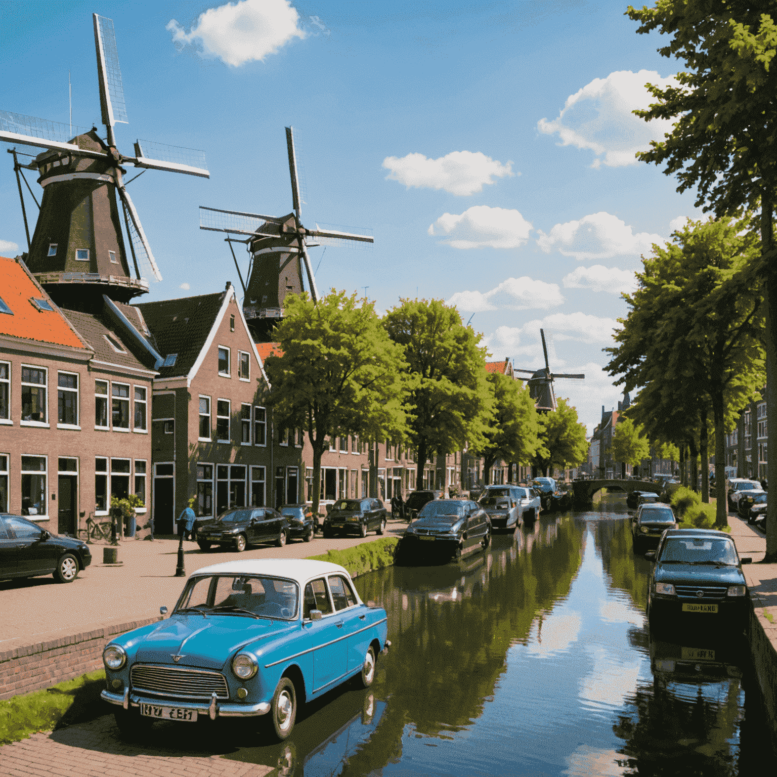 Een typisch Nederlands straatbeeld met auto's geparkeerd langs een gracht, met windmolens op de achtergrond, die de context van autoverzekering in Nederland illustreert