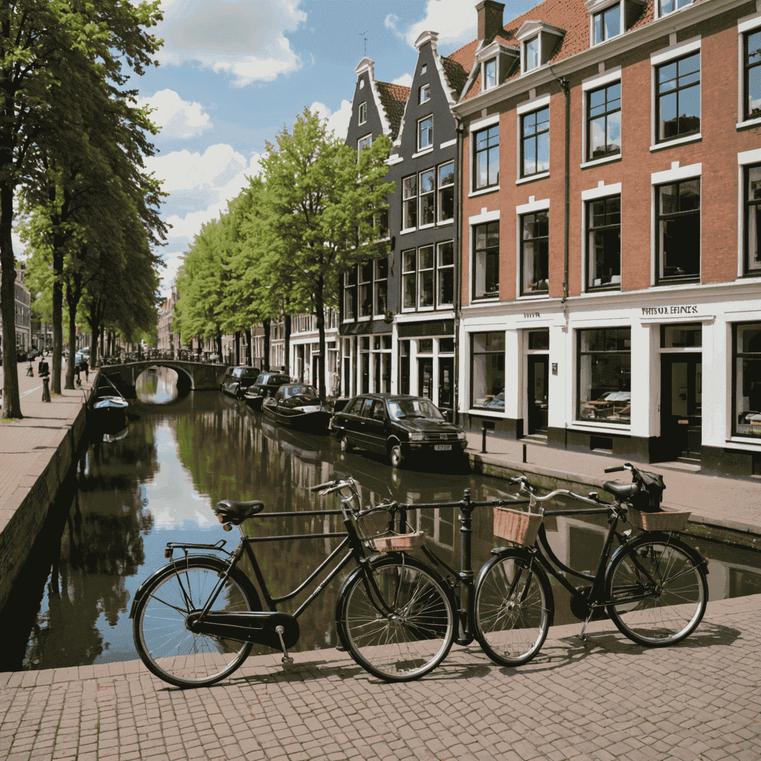 Een typisch Nederlands straatbeeld met grachten en fietsen, met een auto geparkeerd op de voorgrond en een verzekeringsgebouw zichtbaar in de achtergrond